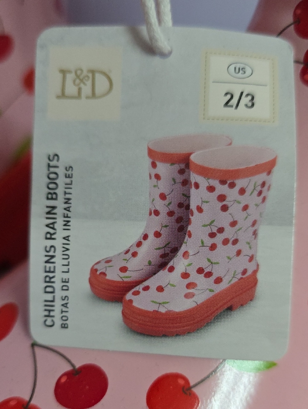 Kids Cherry Print Pink Rain Boots with Red Trim - Picture 2 of 9